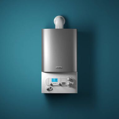 Gas home boiler with electronic control panel on the wall of the house. 3D render