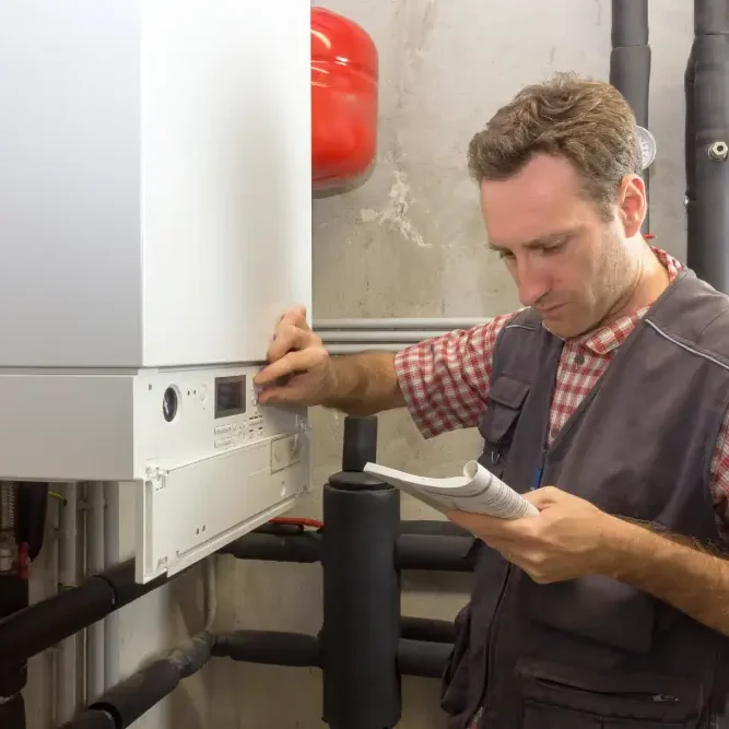 plumber-looking-book-while-inspecting-heating-system